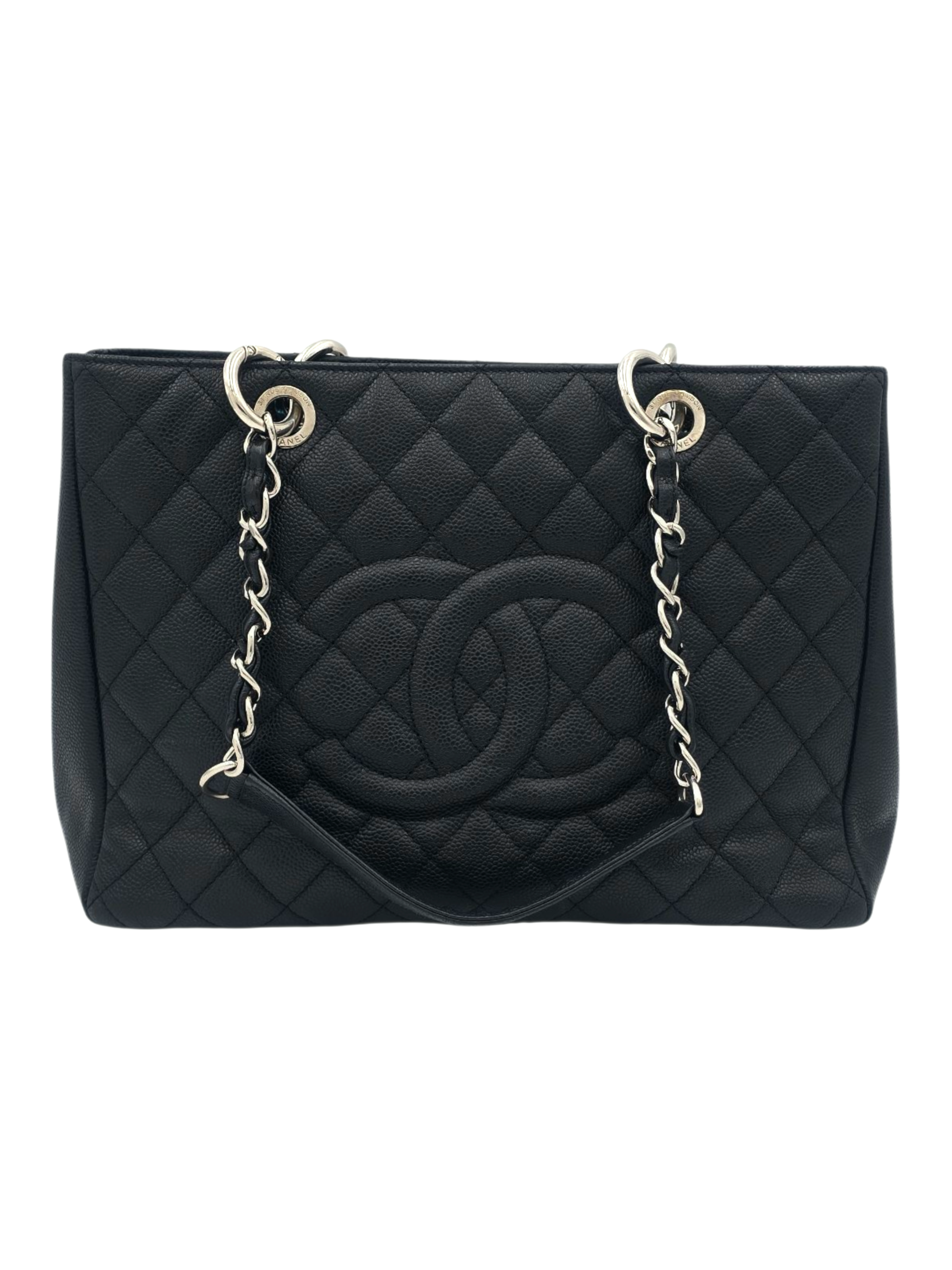 GST Black Tote Bag in Caviar Leather, Silver hardware