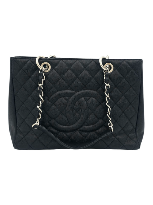 GST Black Tote Bag in Caviar Leather, Silver hardware