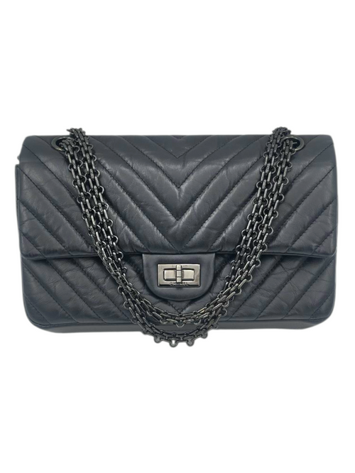 2.55 Reissue Chevron 225 So Black Shoulder Bag in Calfskin, Ruthenium hardware