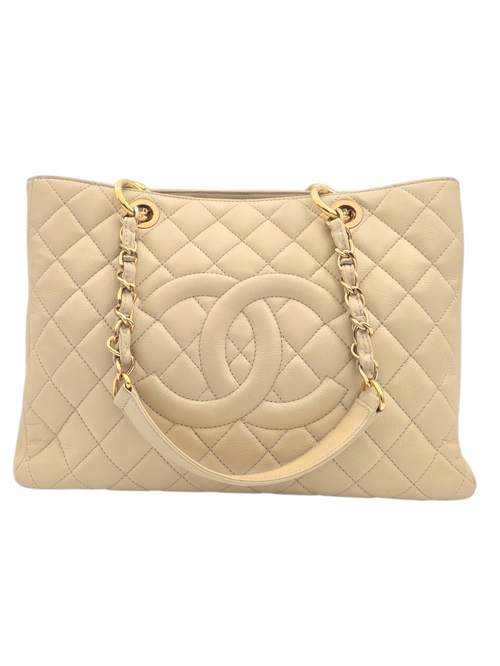 GST Beige Shoulder Bag in Caviar Leather, Gold hardware