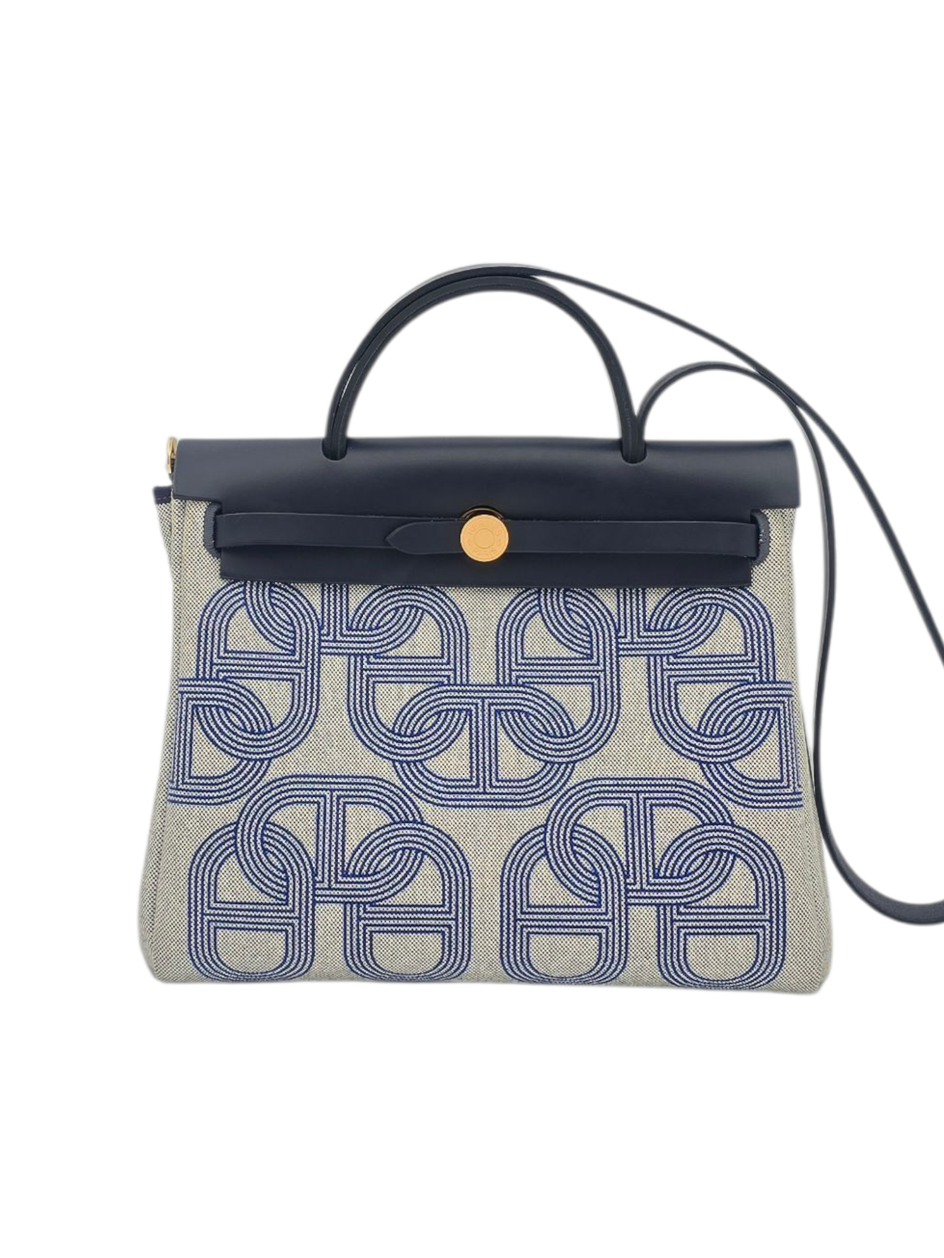 Limited Edition Herbag Circuit 24 31 Ecru/Blue Indigo in Toile H Plume/Vache Hunter, Gold hardware