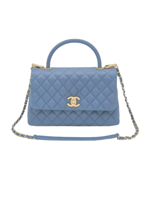 Coco Handle Quilted Shoulder Bag Medium Blue in Caviar Leather, Gold hardware
