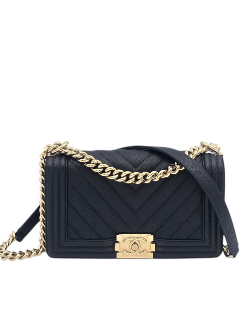 Boy Medium Blue Shoulder Bag in Caviar Leather, Gold hardware