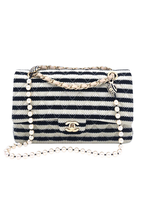 Coco Sailor Pearl Classic Double Flap Black & White Strip Shoulder Bag in Jersey, Light Gold hardware
