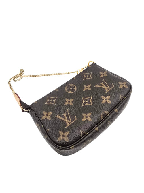Pochette  Shoulder Bag Mini Brown in Monogram Coated Canvas, Gold hardware