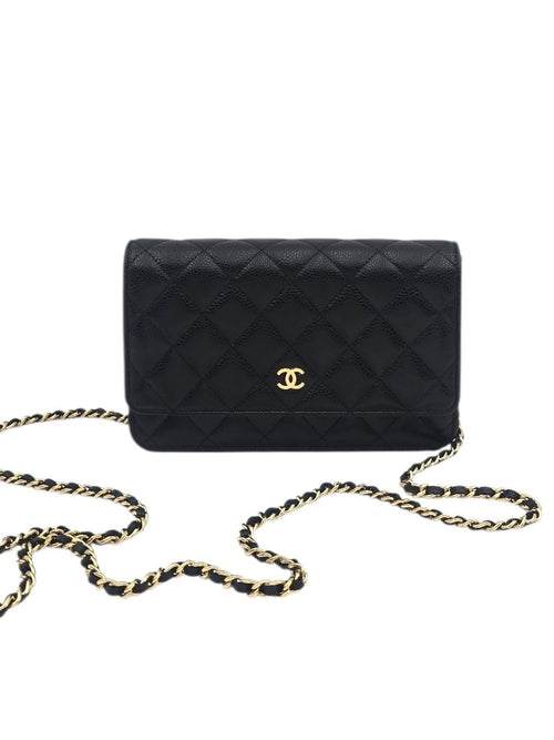 Wallet On Chain Black Shoulder Bag in Caviar Leather, Gold hardware