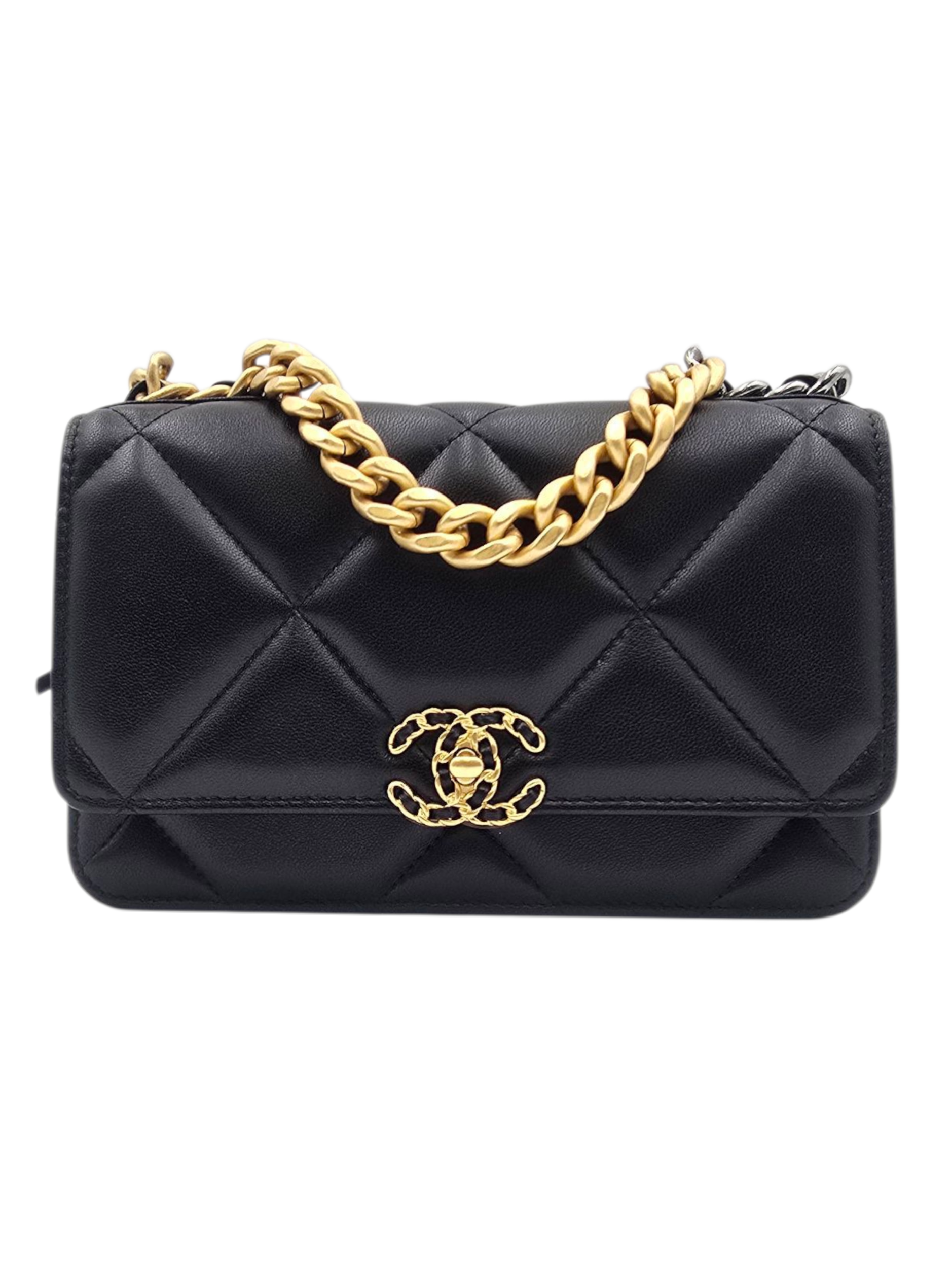 Chanel Chanel Wallet On Chain 19 Black Shoulder Bag in Shiny Lambskin, Gold-Tone, Silver-Tone, and Ruthenium-Finish Metal hardware_1