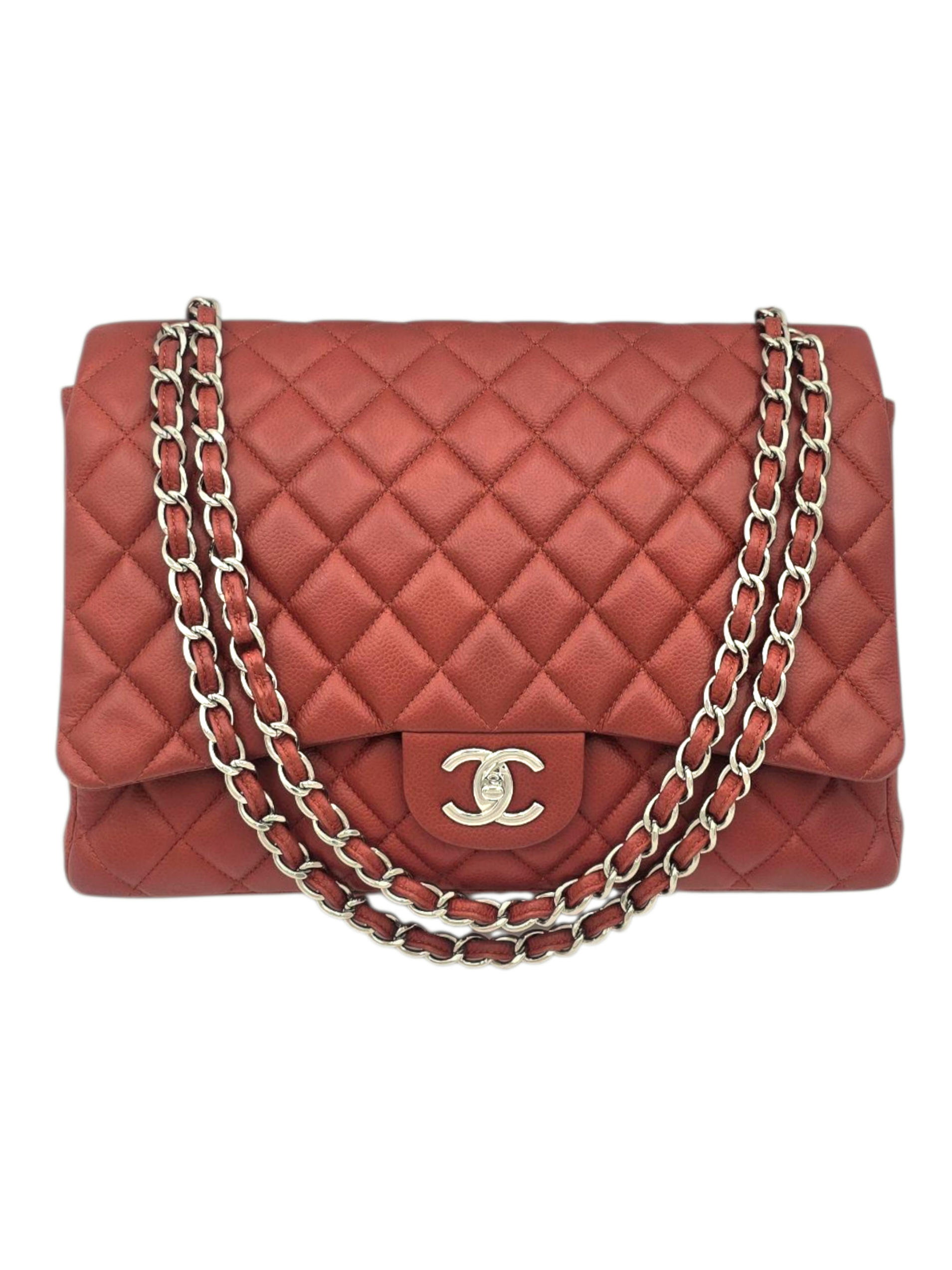 Chanel Classic Double Flap Maxi Red Shoulder Bag in Caviar Leather, Silver hardware_1