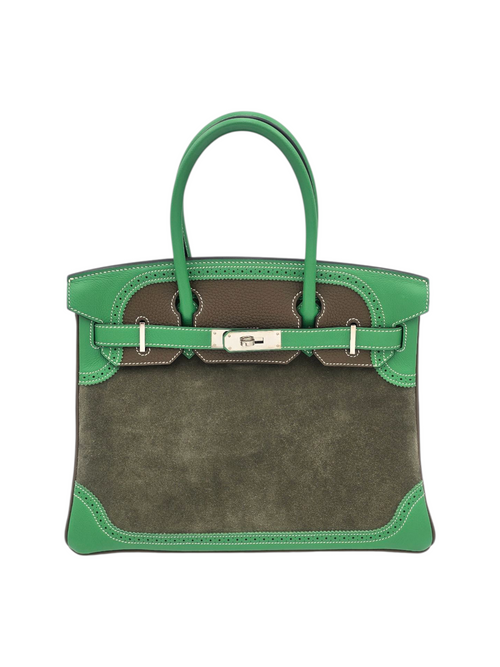 Hermès Birkin 30 Vert De Gris / Bambou / Taupe in Suede / Evercolor / Clemence, Palladium hardware_1