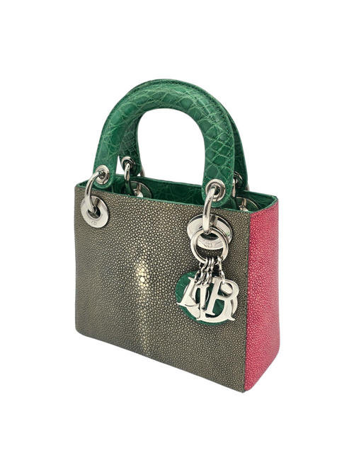 Christian Dior Lady Dior Mini Green Top Handle Bag in Alligator/ Stingray, Palladium hardware_1